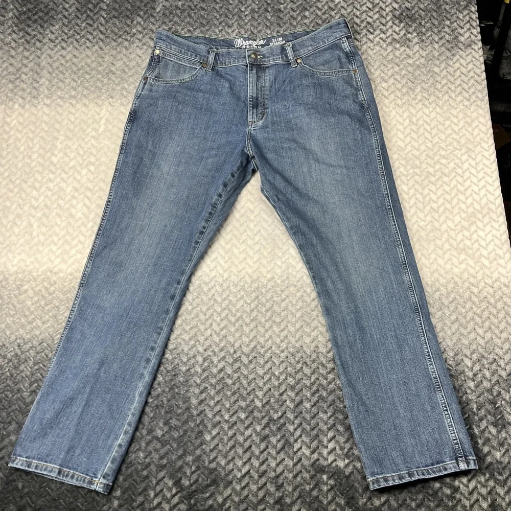 Wrangler Retro Jeans Mens 38x32 Blue Wash Slim Straight Casual Cowboy Denim